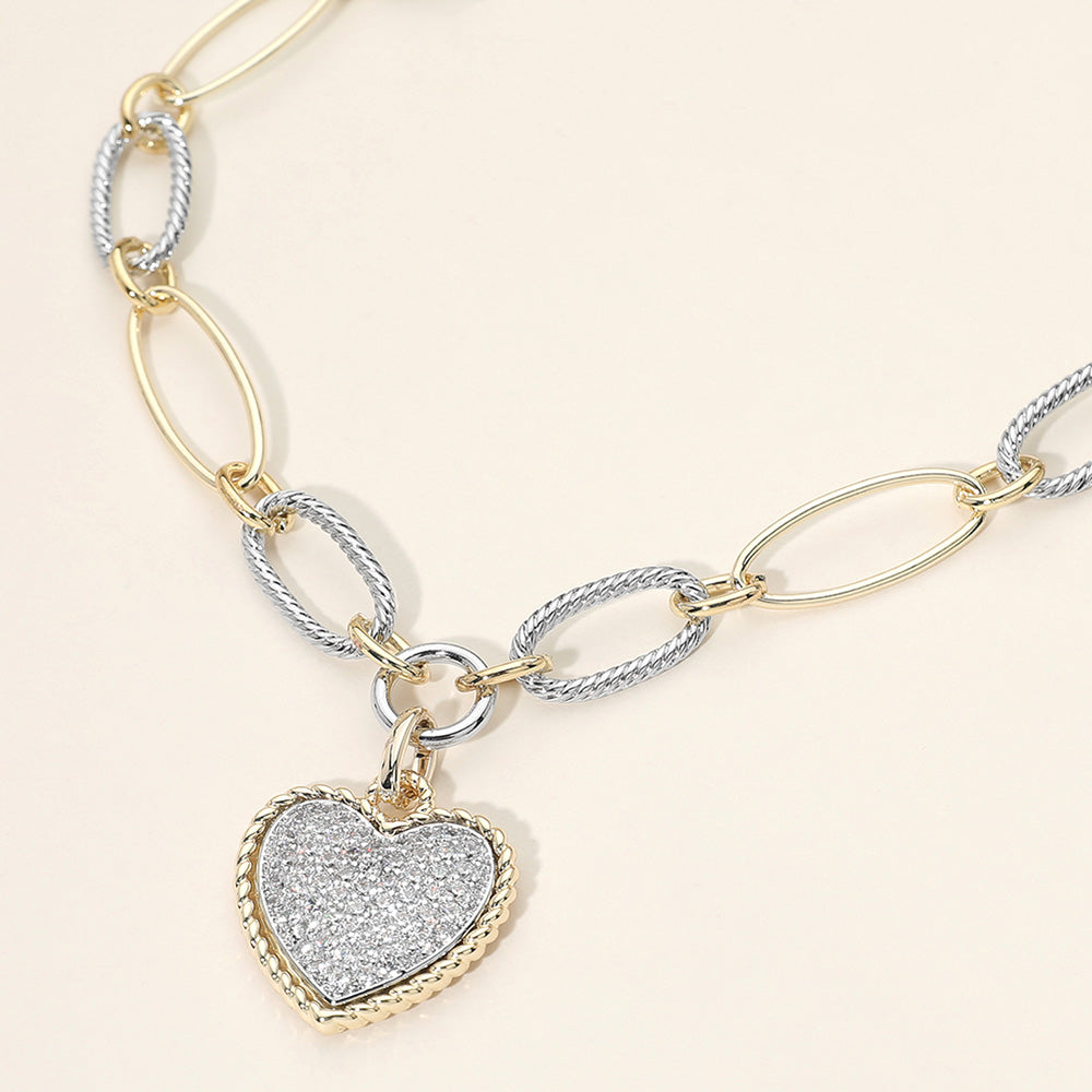 Madeline Love Two Tone 14K Gold Plated Two Tone Oval Link CZ Pave Heart Pendant Necklace