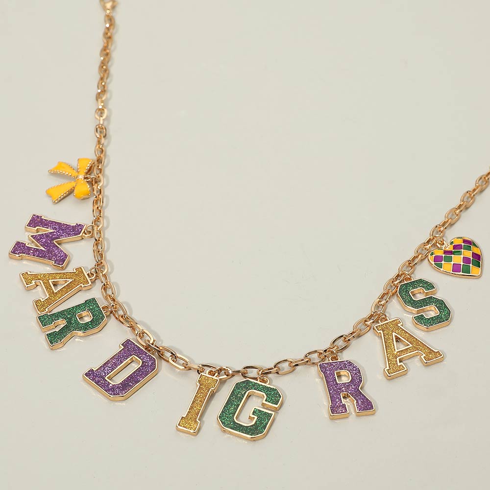 Madeline Love Gold, Purple , Yellow MARDI GRAS Letter Bow Heart Charm Station Necklace - Necklaces