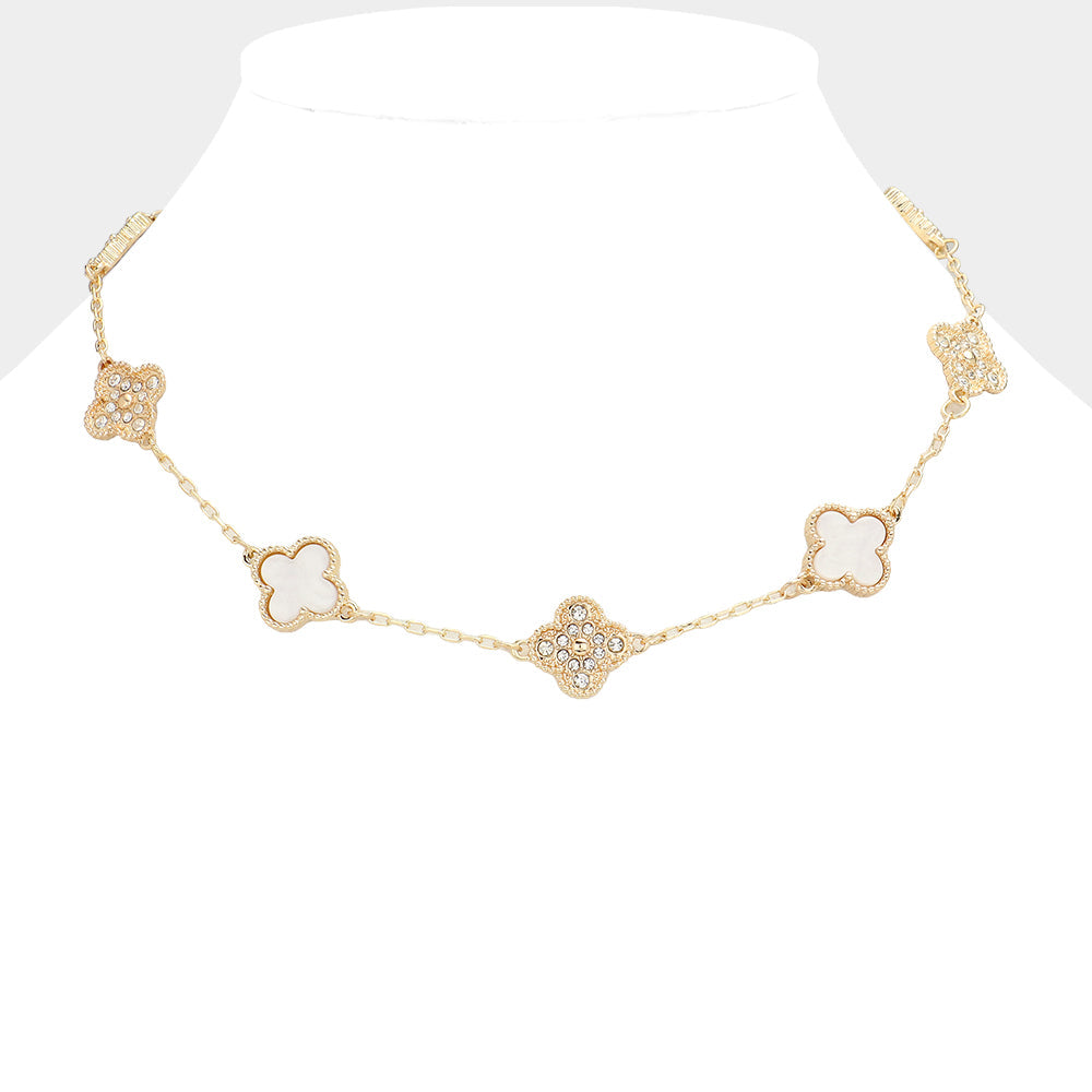 Madeline Love Gold, Mother of Pearl, White Stone Paved Mother Of Pearl Quatrefoil Station Necklace - Necklaces