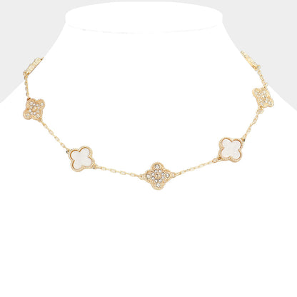 Madeline Love Gold, Mother of Pearl, White Stone Paved Mother Of Pearl Quatrefoil Station Necklace - Necklaces