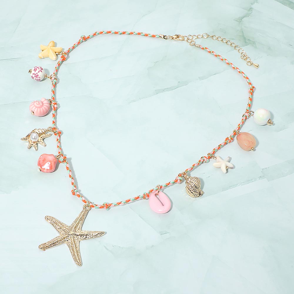Madeline Love Gold, Pink Starfish Seashell Pearl Charm Station Braided Thread Chain Necklace - Necklaces