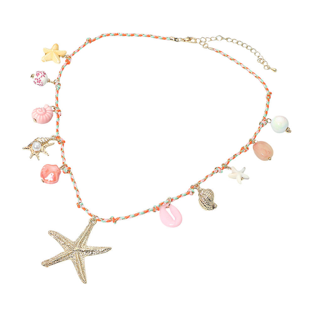 Madeline Love Gold, Pink Starfish Seashell Pearl Charm Station Braided Thread Chain Necklace - Necklaces - desc