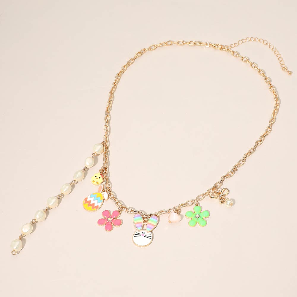 Madeline Love Gold, Multi Easter Bunny Chick Flower Pearl Heart Charm Station Necklace - Necklaces