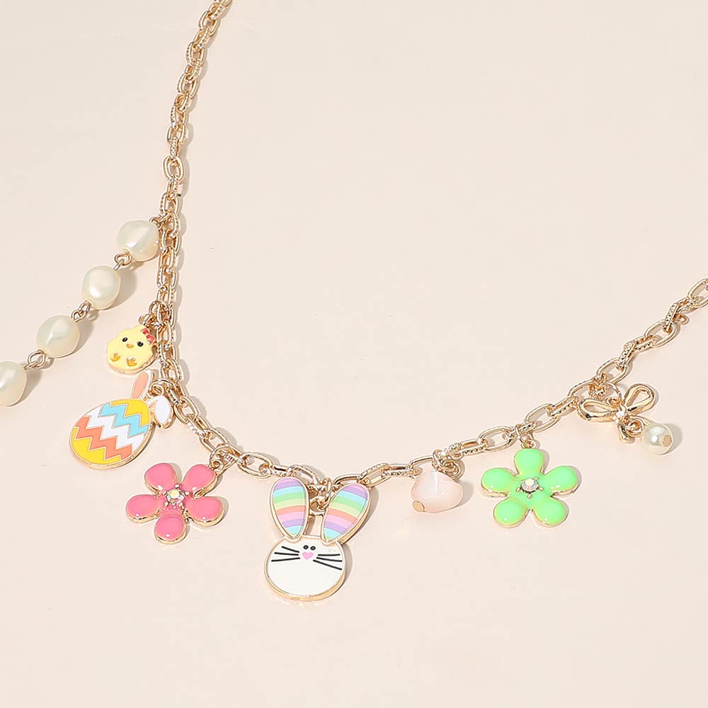 Madeline Love Gold, Multi Easter Bunny Chick Flower Pearl Heart Charm Station Necklace - Necklaces - extra