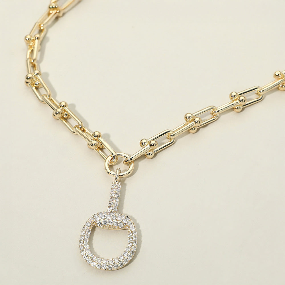 Madeline Love Gold 14K Gold Plated Chunky Industrial Chain CZ Pave Half Horsebit Pendant Necklace