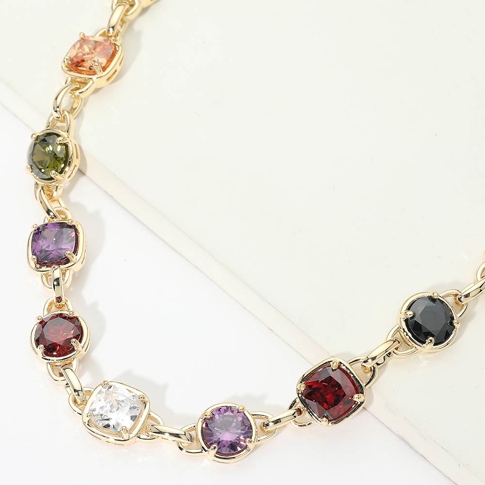Madeline Love Gold, Multi 14K Gold Plated Multi CZ Stone Link Toggle Necklace