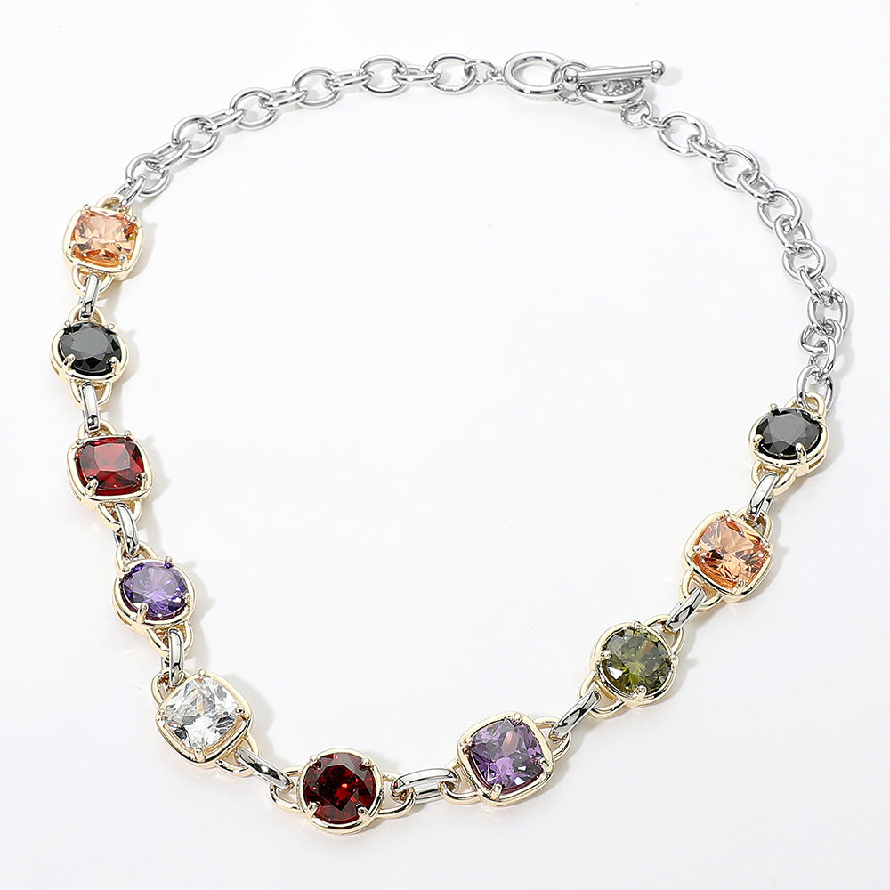 Madeline Love Multi, Rhodium 14K Gold Plated Multi CZ Stone Link Toggle Necklace
