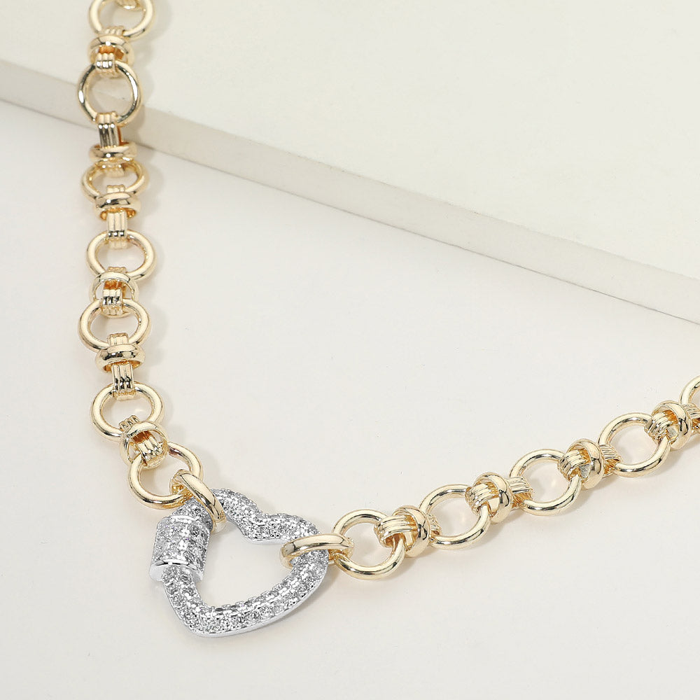 Madeline Love Gold, Silver, Two Tone 14K Gold Plated CZ Pave Heart Carabiner Accent Link Chain Necklace