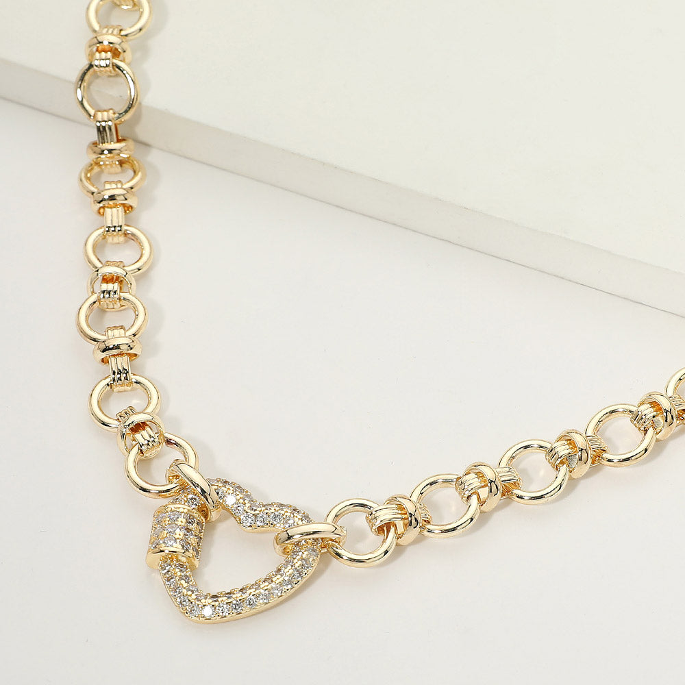Madeline Love Gold 14K Gold Plated CZ Pave Heart Carabiner Accent Link Chain Necklace