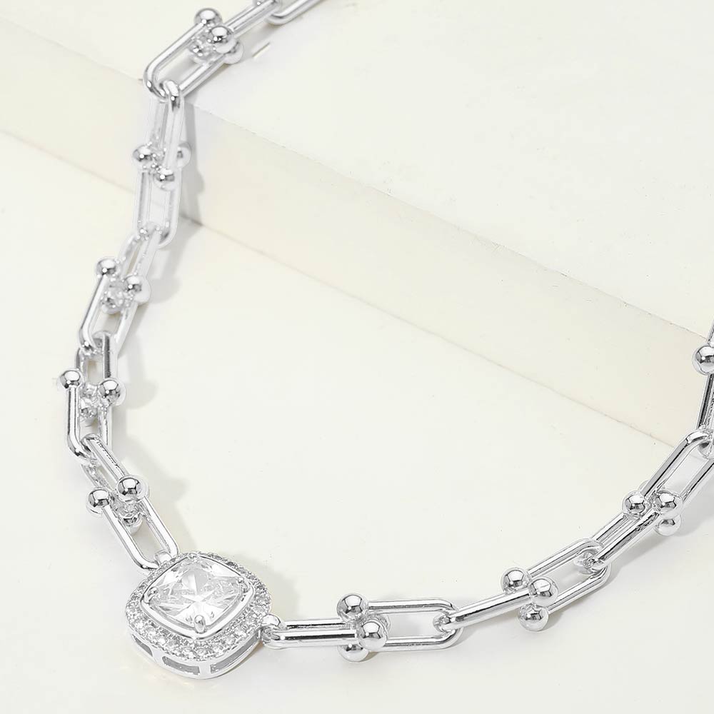 Madeline Love Rhodium 14K Gold Plated Square CZ Stone Accent Industrial Link Chain Necklace