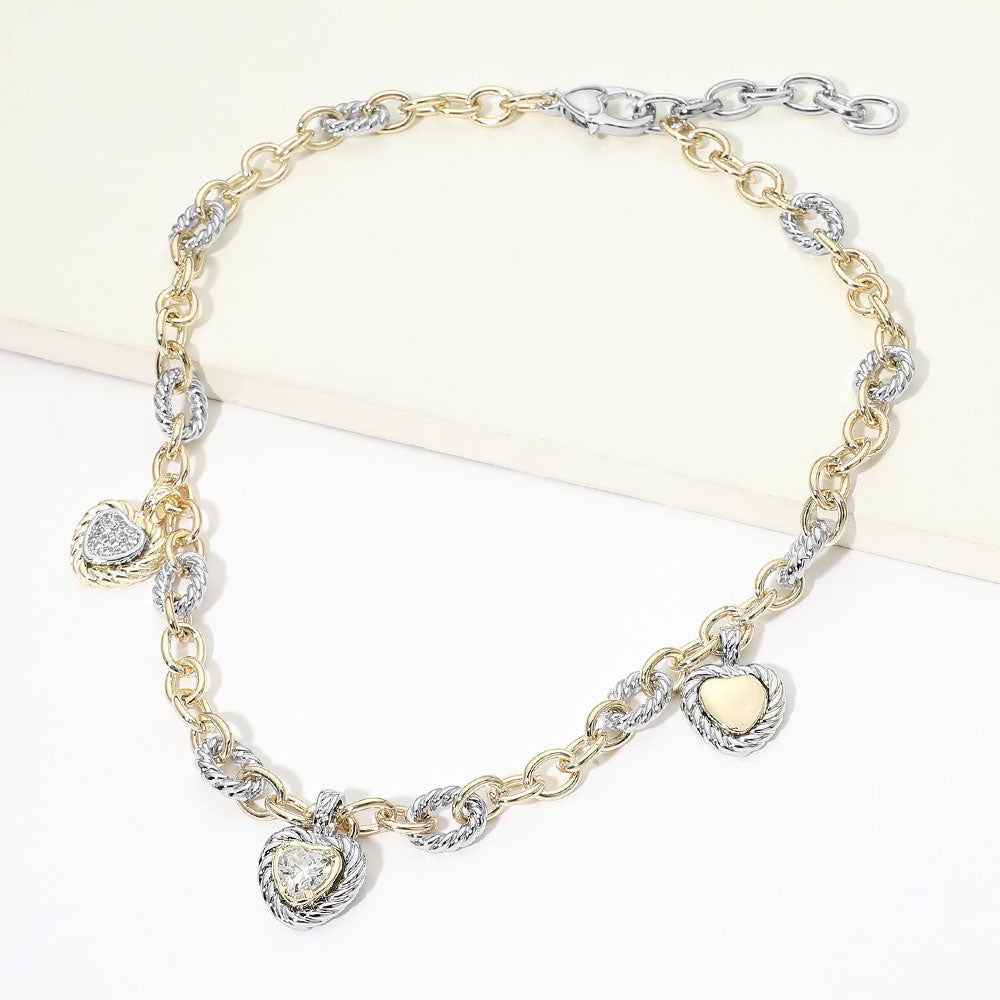 Madeline Love Two Tone 14K Gold Plated Two Tone CZ Heart Charm Station Necklace