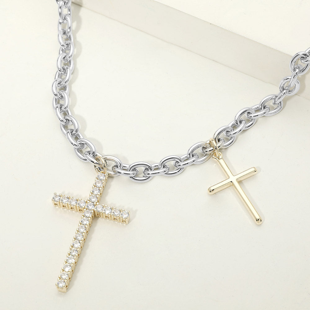 Madeline Love Gold, Silver 14K Gold Plated Two Tone CZ Pave Double Cross Charm Necklace