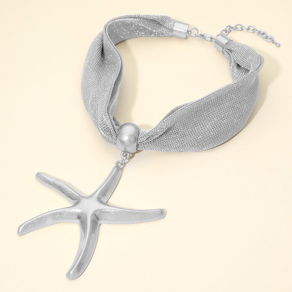 Madeline Love Rhodium Bold Brushed Metal Starfish Pendant Mesh Statement Necklace - Necklaces