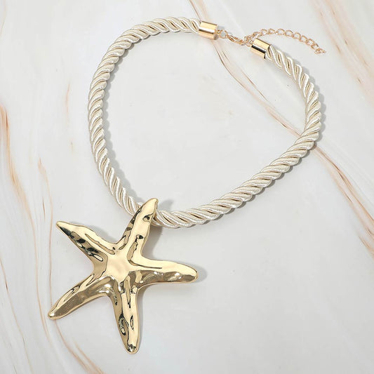 Madeline Love Gold, White Hammered Metal Starfish Pendant Accent Bold Rope Chain Statement Necklace - Necklaces