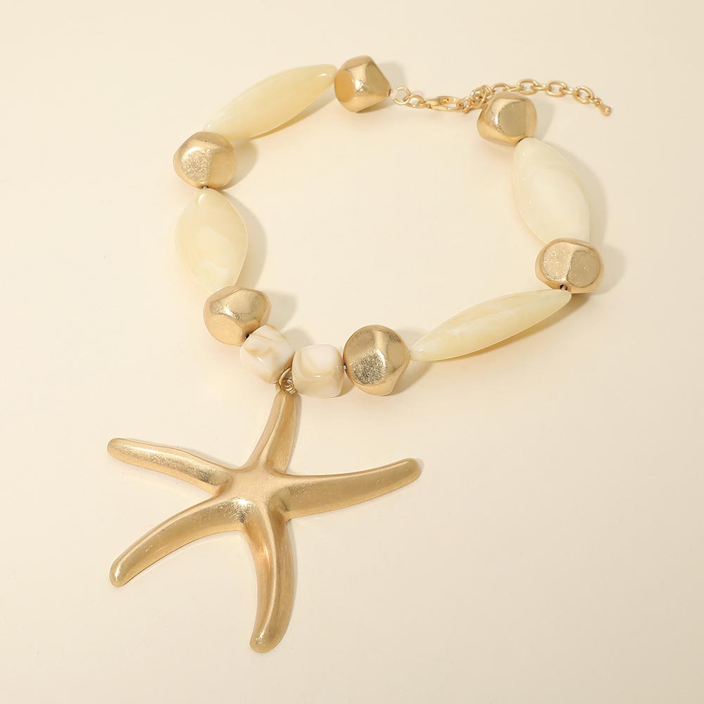 Madeline Love Gold, Ivory Bold Starfish Pendant Accent Chunky Beaded Statement Necklace - Necklaces