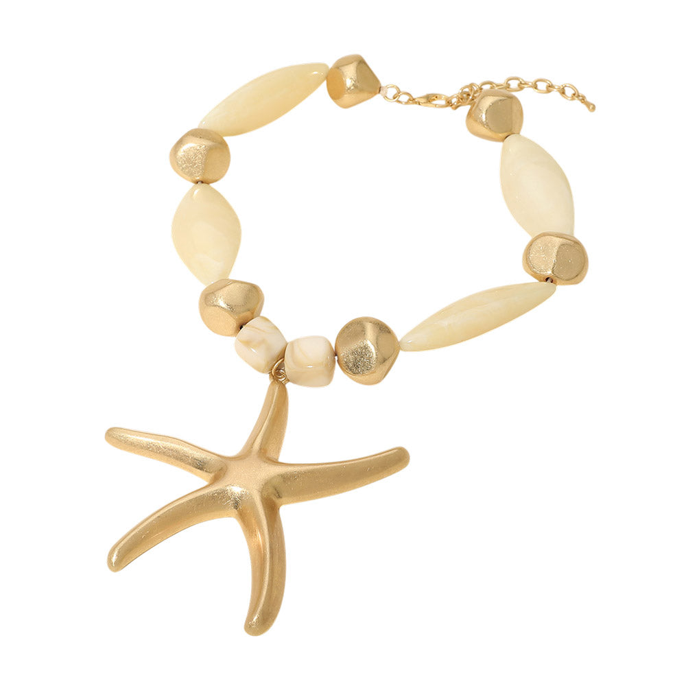 Madeline Love Gold, Ivory Bold Starfish Pendant Accent Chunky Beaded Statement Necklace - Necklaces - desc
