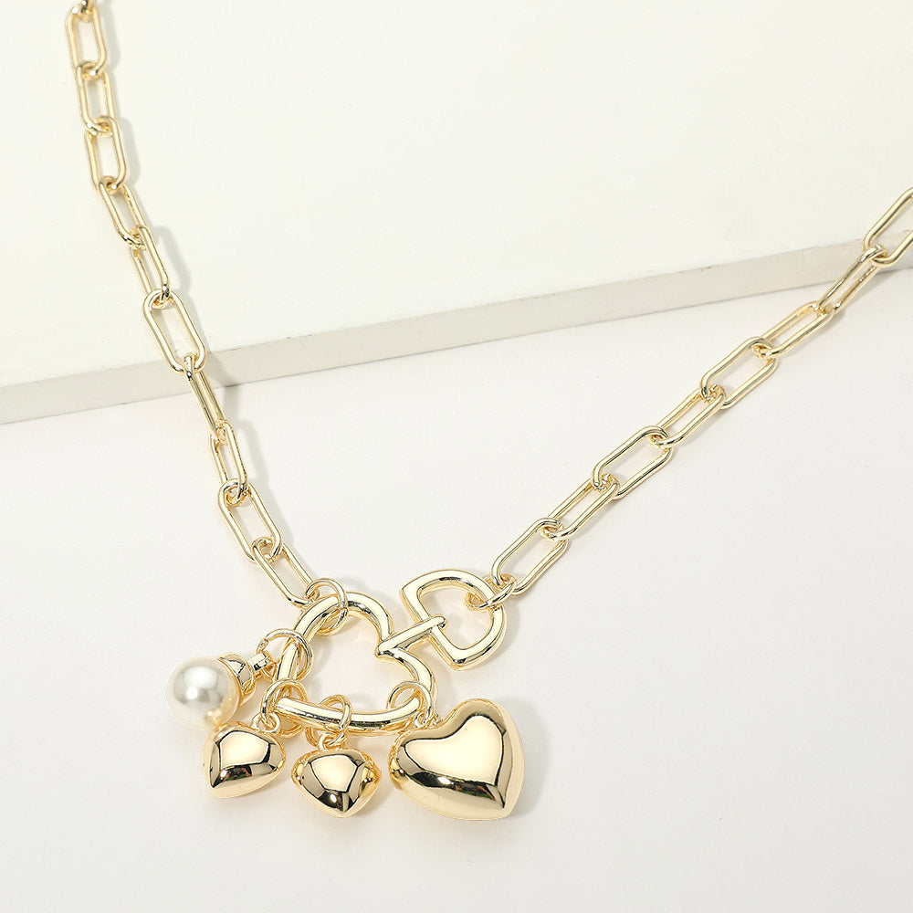 Madeline Love Gold 14K Gold Plated Heart Ring Pearl Charm Pendant Paperclip Chain Necklace - Necklaces
