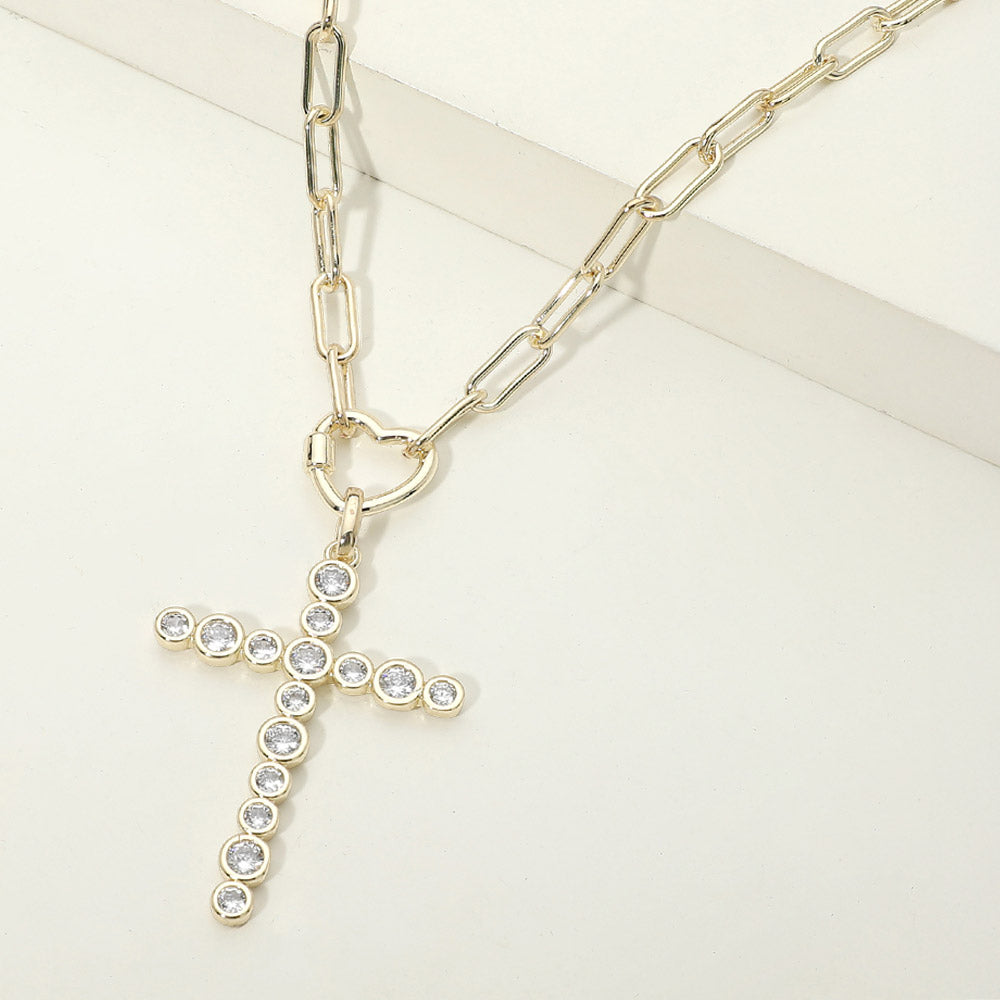 Madeline Love Gold 14K Gold Plated CZ Bezel Cross Pendant Paperclip Chain Necklace - Necklaces