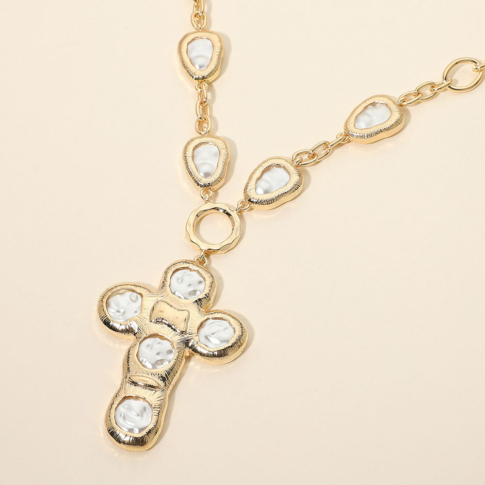 Madeline Love Cream, Gold Irregular Teardrop Pearl Link Cross Pendant Statement Necklace