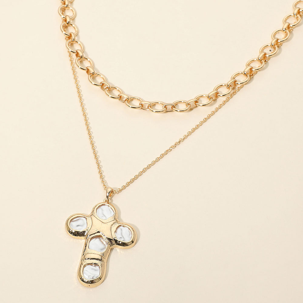 Madeline Love Cream, Gold Pearl Cross Pendant Accent Layered Necklace
