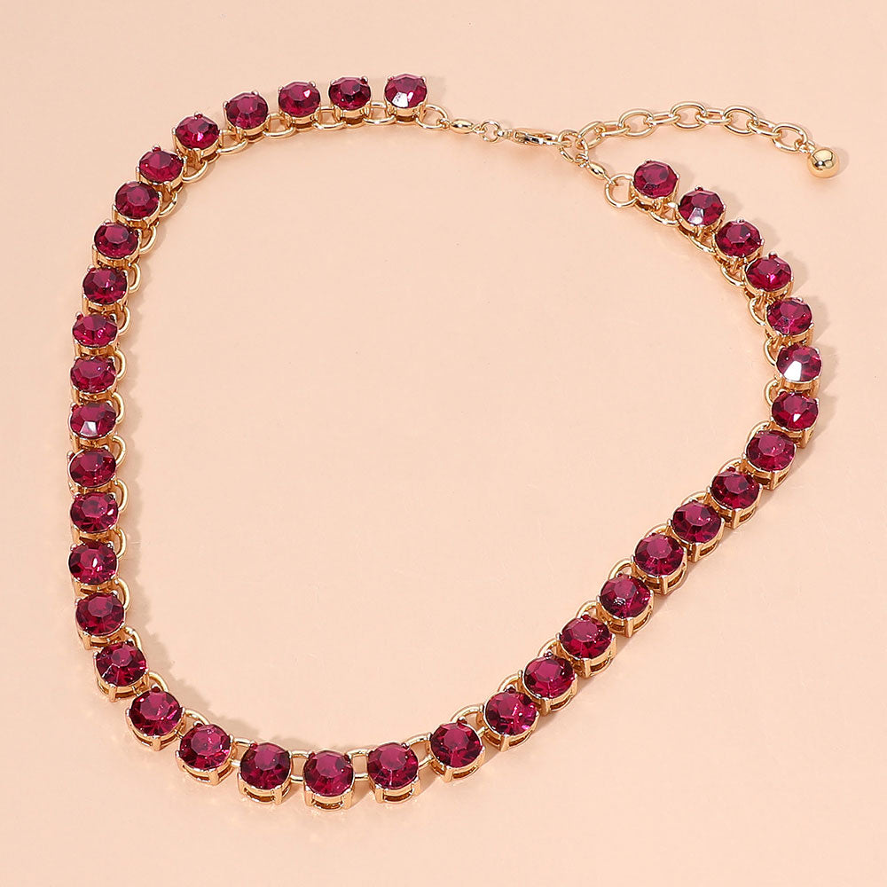 Madeline Love Fuchsia, Gold Faceted Round Gem Link Evening Necklace