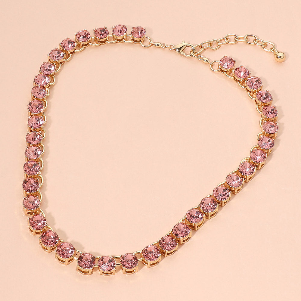 Madeline Love Gold, Pink Faceted Round Gem Link Evening Necklace