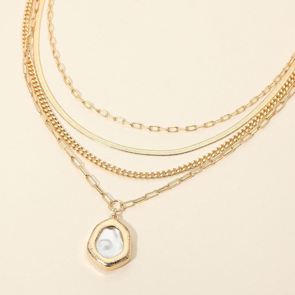 Madeline Love Cream, Gold Oraganic Shape Pearl Frame Pendant Accent Multi Layered Chain Necklace