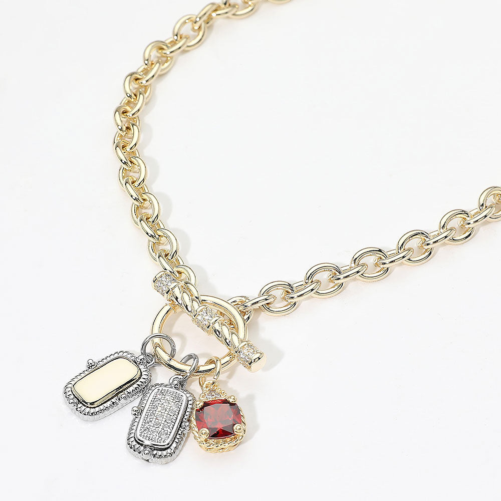 Madeline Love Gold, Multi 14K Gold Plated CZ Stone Two Tone Bar Charm Pendant Toggle Necklace