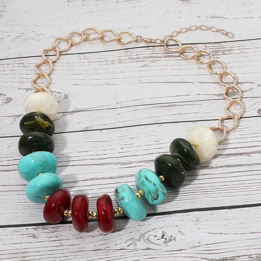 Madeline Love Green, Multi Chunky Disc Beaded Texture Link Chain Statement Necklace