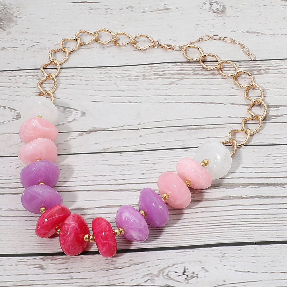 Madeline Love Multi, Pink Chunky Disc Beaded Texture Link Chain Statement Necklace
