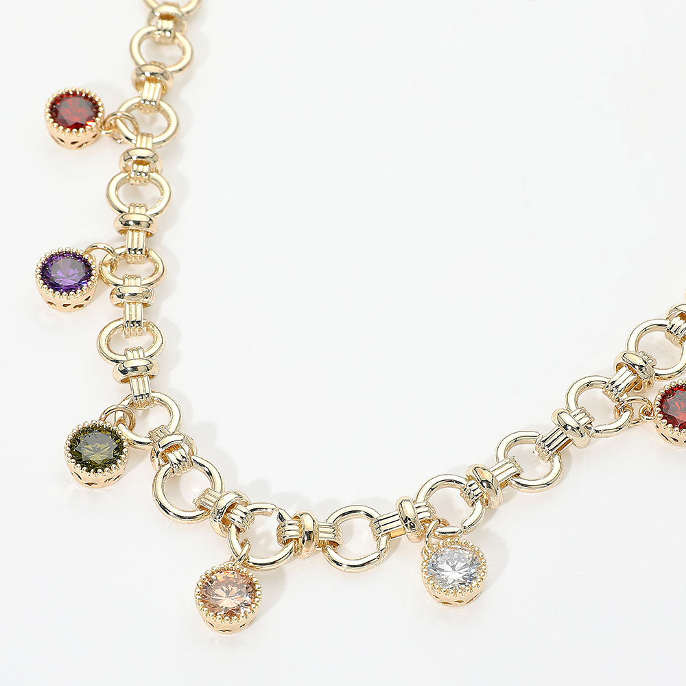 Madeline Love Gold, Multi 14K Gold Plated Colorful Round CZ Charm Station Chunky Chain Necklace
