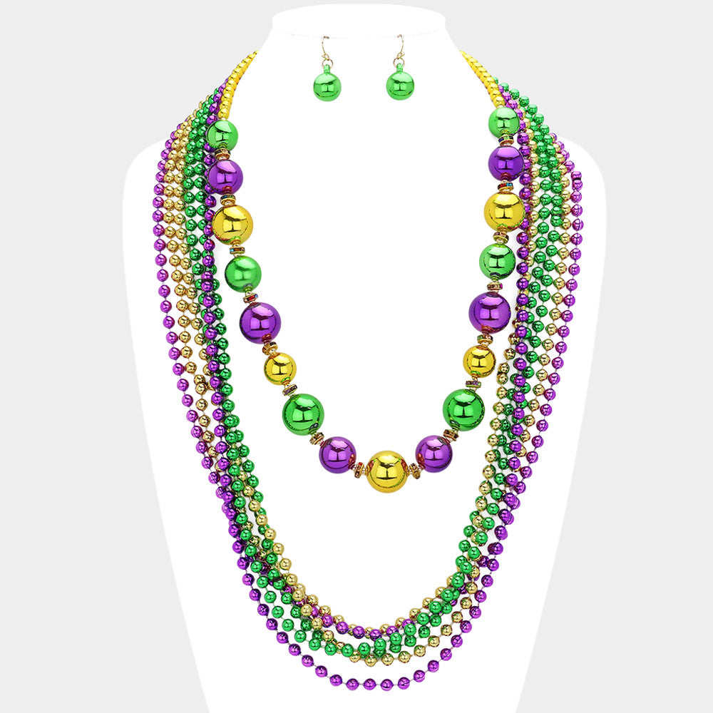 Gold, Multi Mardi Gras Ball Beaded Layered Necklace