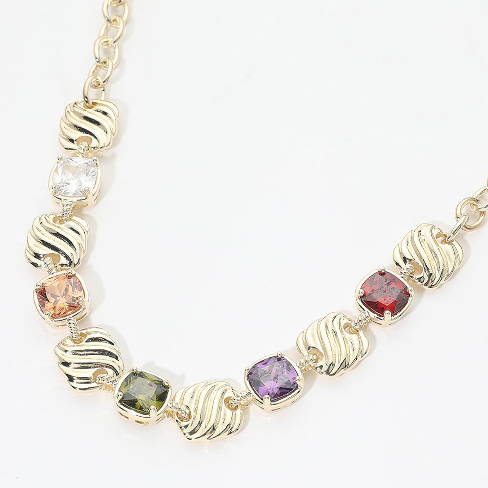 Madeline Love Gold, Multi 14K Gold Plated Multicolor Square CZ Cluster Textured Plate Link Station Necklace