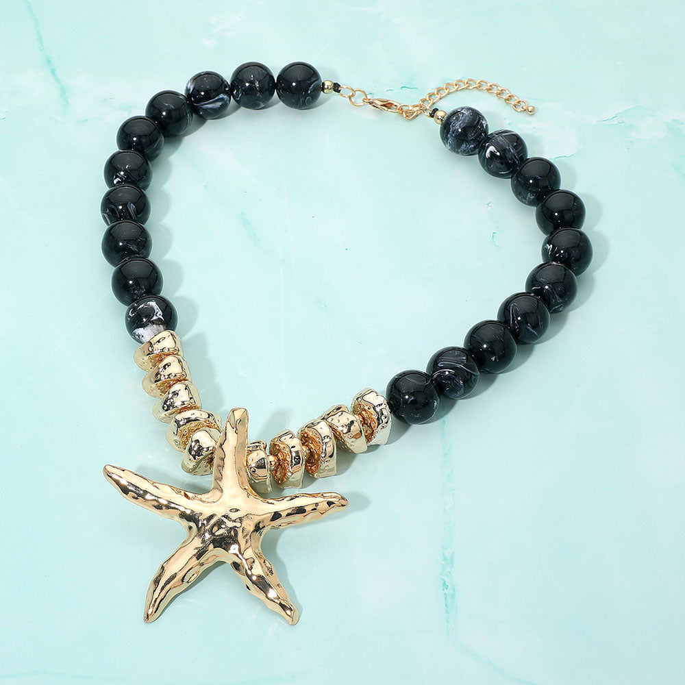 Madeline Love Black, Gold Bold Texture Metal Starfish Pendant Accent Beaded Statement Necklace - Necklaces