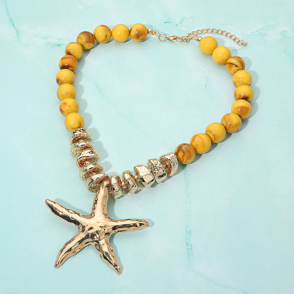 Madeline Love Gold, Mustard Bold Texture Metal Starfish Pendant Accent Beaded Statement Necklace - Necklaces