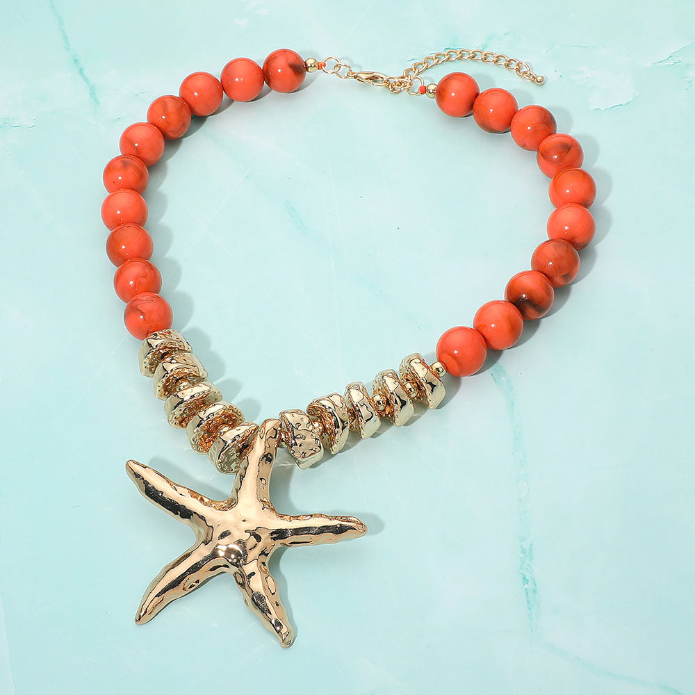 Madeline Love Gold, Orange Bold Texture Metal Starfish Pendant Accent Beaded Statement Necklace - Necklaces