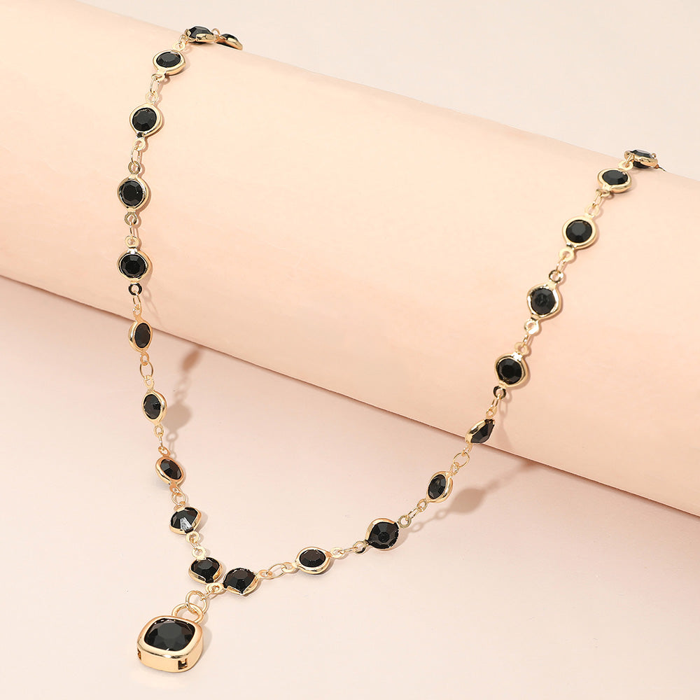 Madeline Love Black, Gold Square Stone Pendant Accent Round Bezel Link Necklace