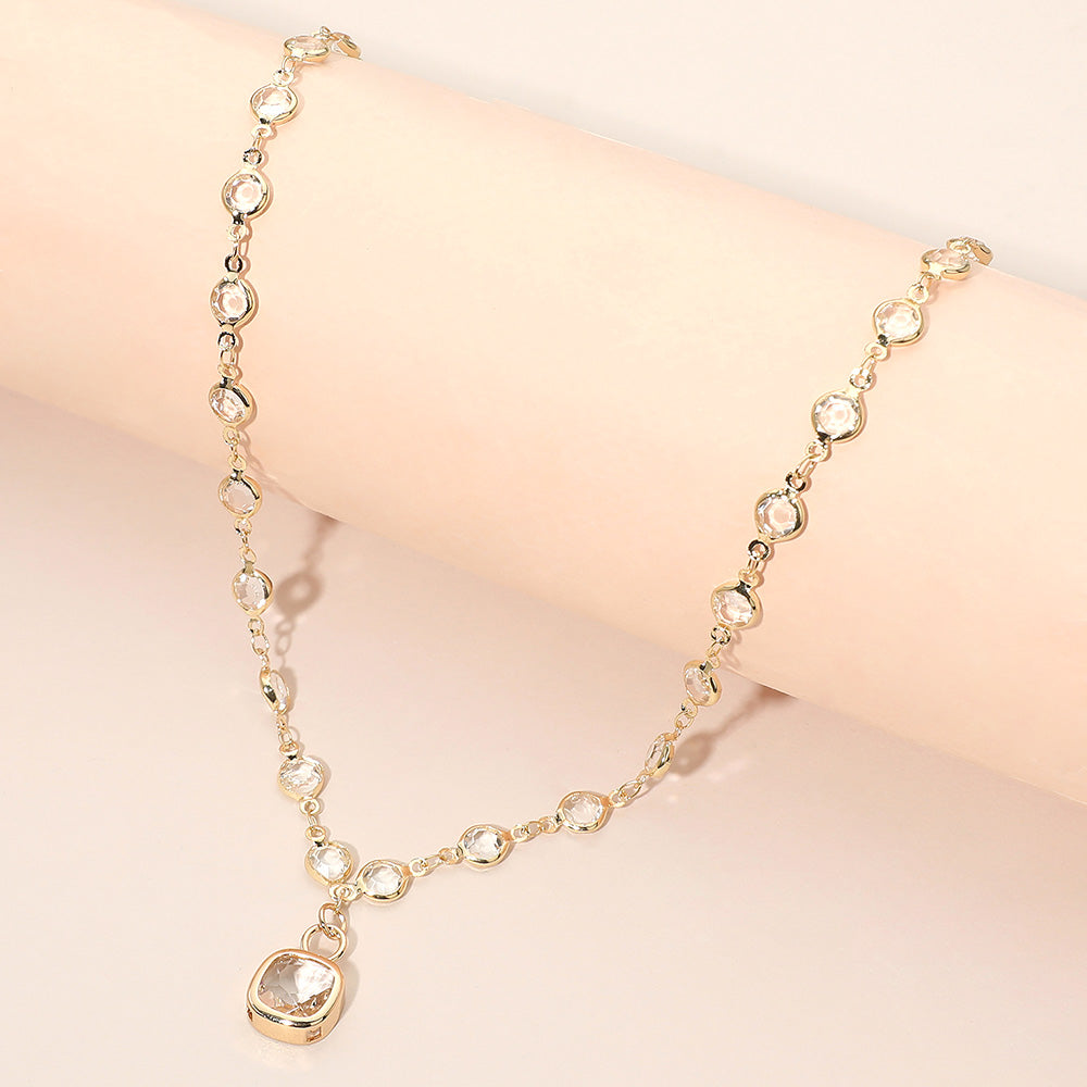 Madeline Love Clear, Gold Square Stone Pendant Accent Round Bezel Link Necklace