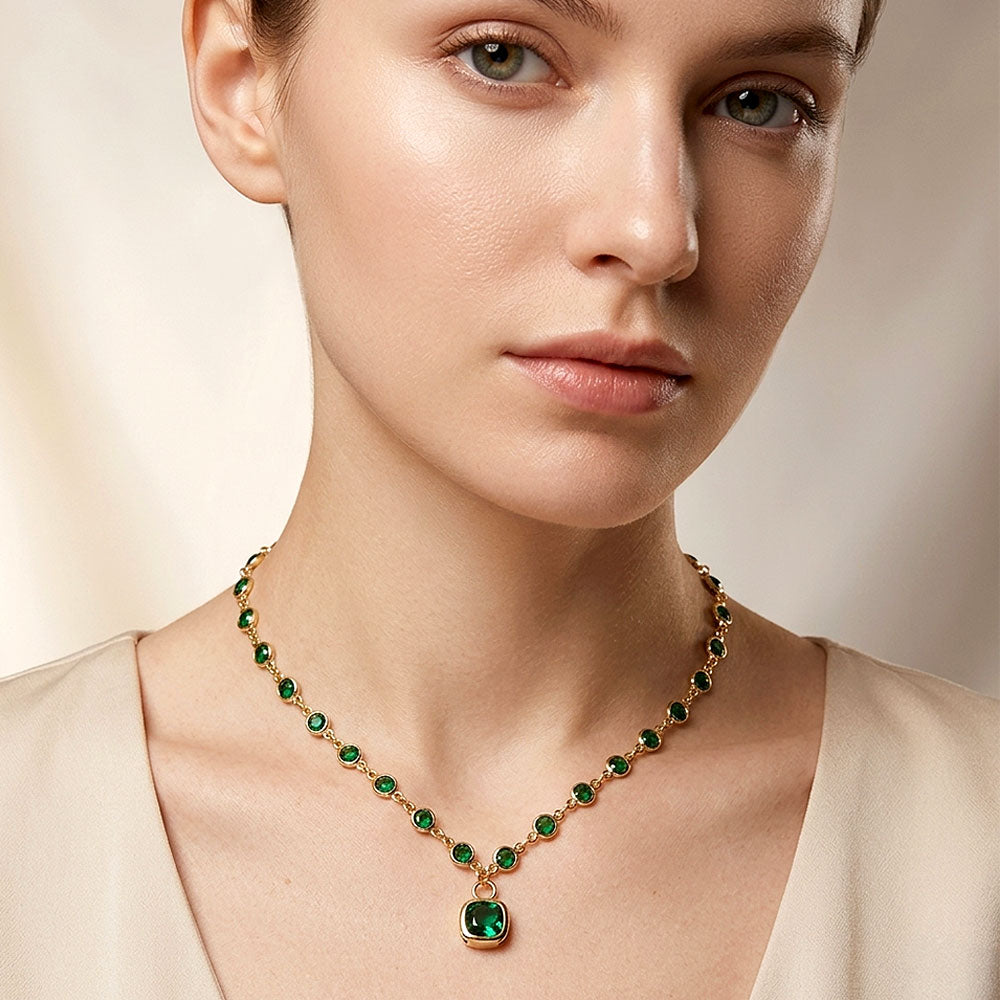 Madeline Love Emerald, Gold Square Stone Pendant Accent Round Bezel Link Necklace