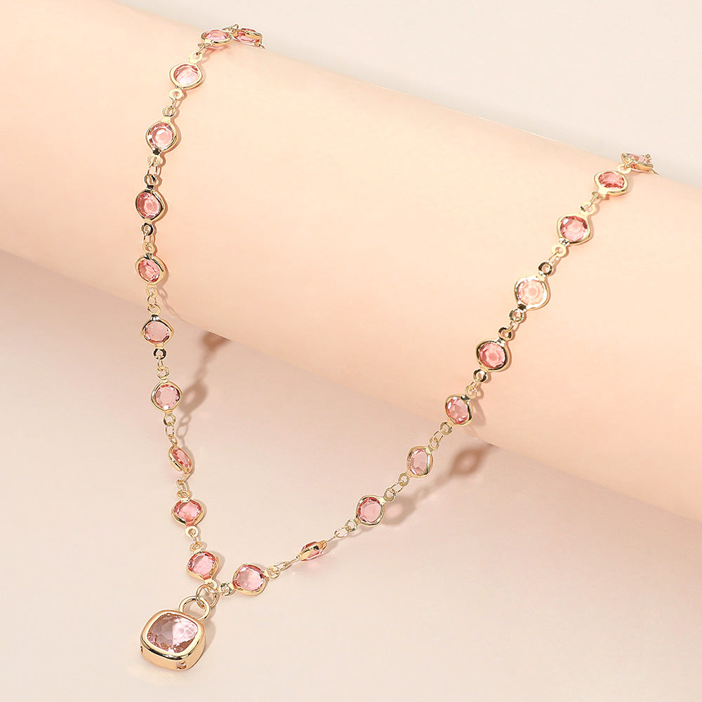 Madeline Love Gold, Pink Square Stone Pendant Accent Round Bezel Link Necklace