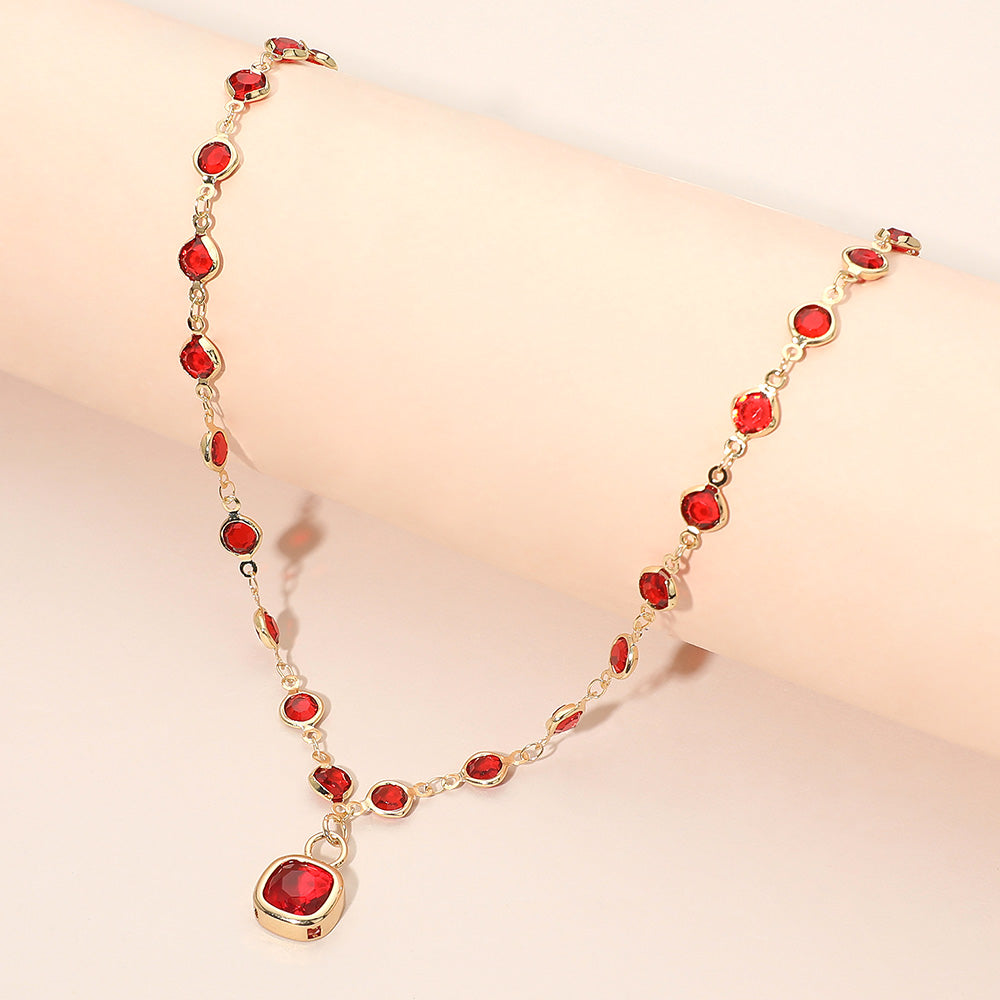 Madeline Love Gold, Siam Square Stone Pendant Accent Round Bezel Link Necklace