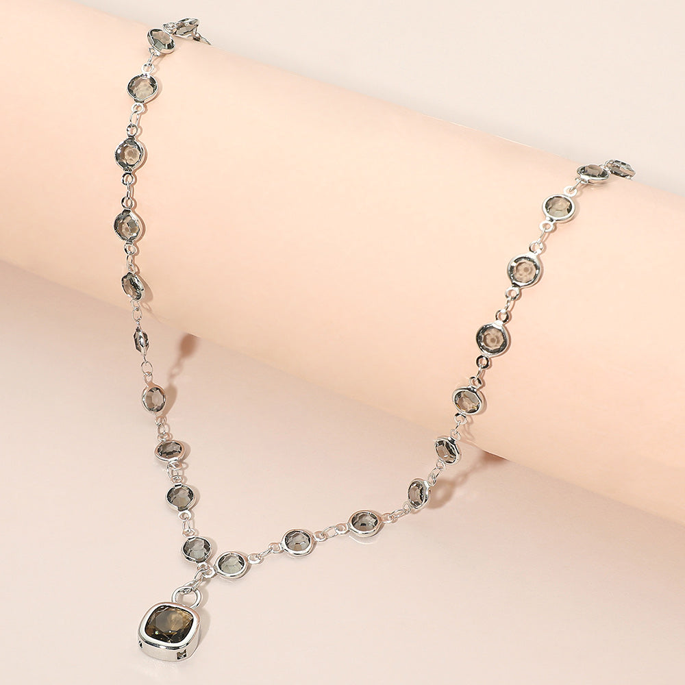 Madeline Love Black Diamond, Rhodium Square Stone Pendant Accent Round Bezel Link Necklace