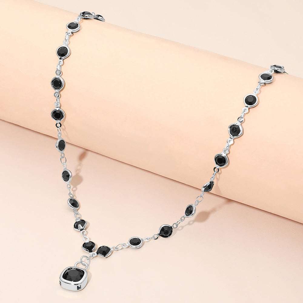Madeline Love Black, Rhodium Square Stone Pendant Accent Round Bezel Link Necklace