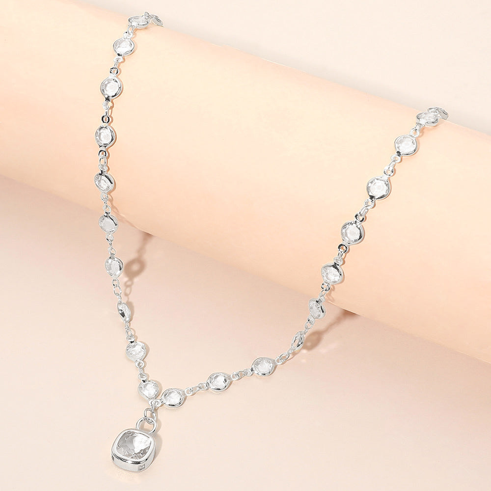 Madeline Love Clear, Rhodium Square Stone Pendant Accent Round Bezel Link Necklace