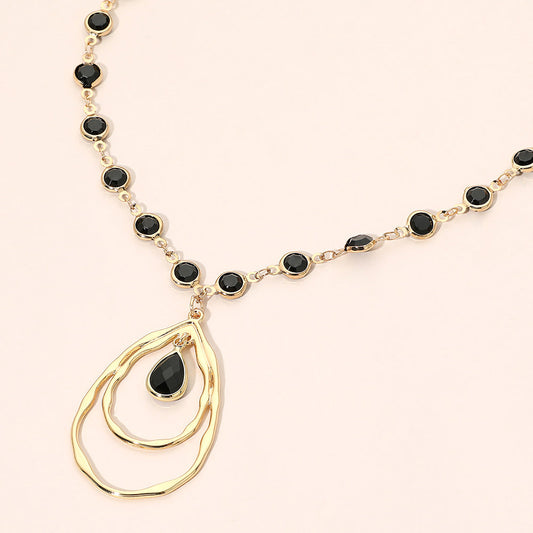 Madeline Love Black, Gold Teardrop Layered Double Hoop Pendant Faceted Round Stone Bezel Link Chain Necklace