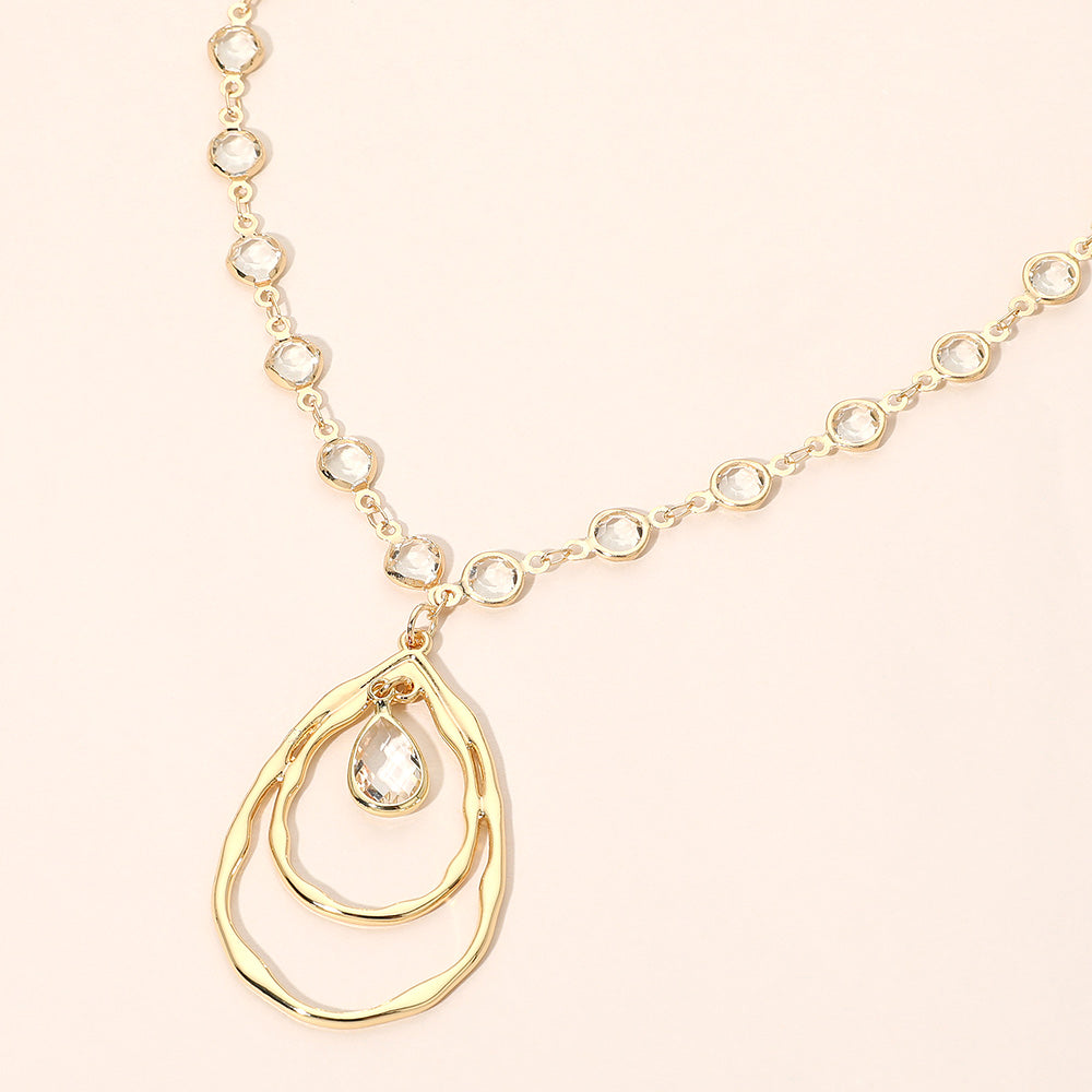 Madeline Love Clear, Gold Teardrop Layered Double Hoop Pendant Faceted Round Stone Bezel Link Chain Necklace