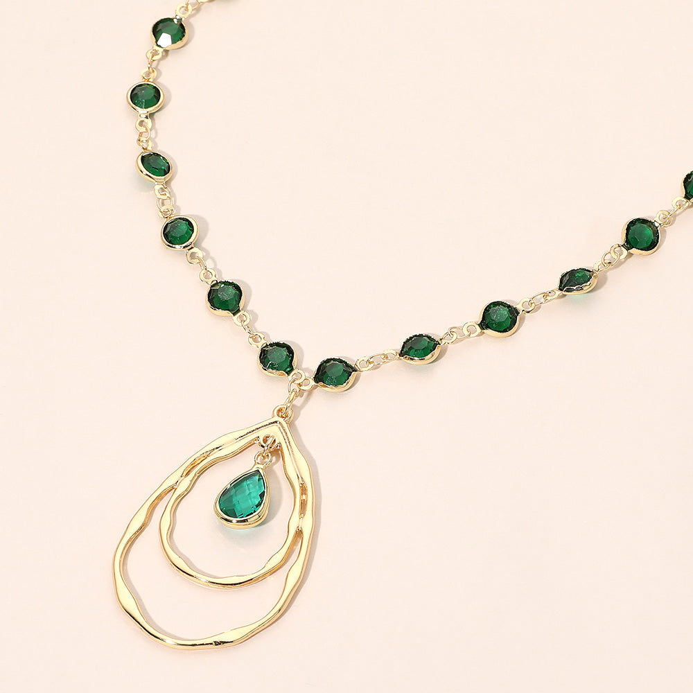 Madeline Love Emerald, Gold Teardrop Layered Double Hoop Pendant Faceted Round Stone Bezel Link Chain Necklace