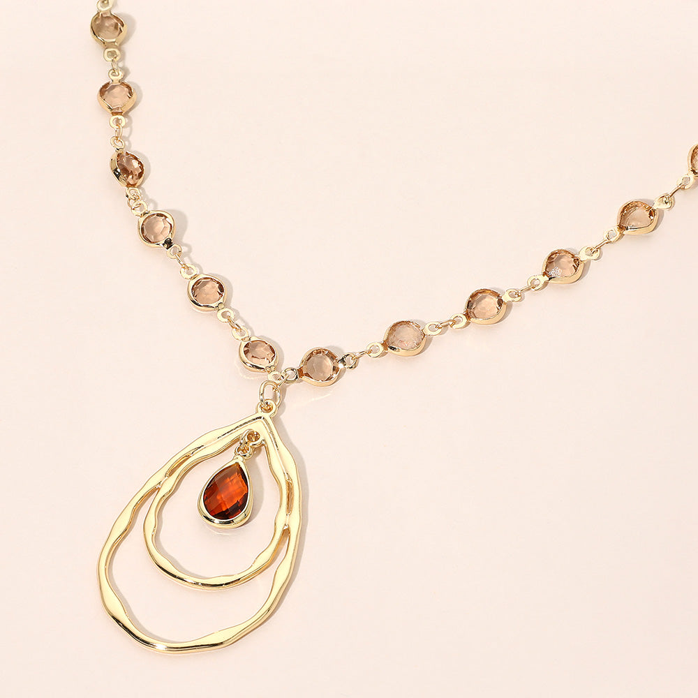Madeline Love Gold, Lt Col Topaz Teardrop Layered Double Hoop Pendant Faceted Round Stone Bezel Link Chain Necklace
