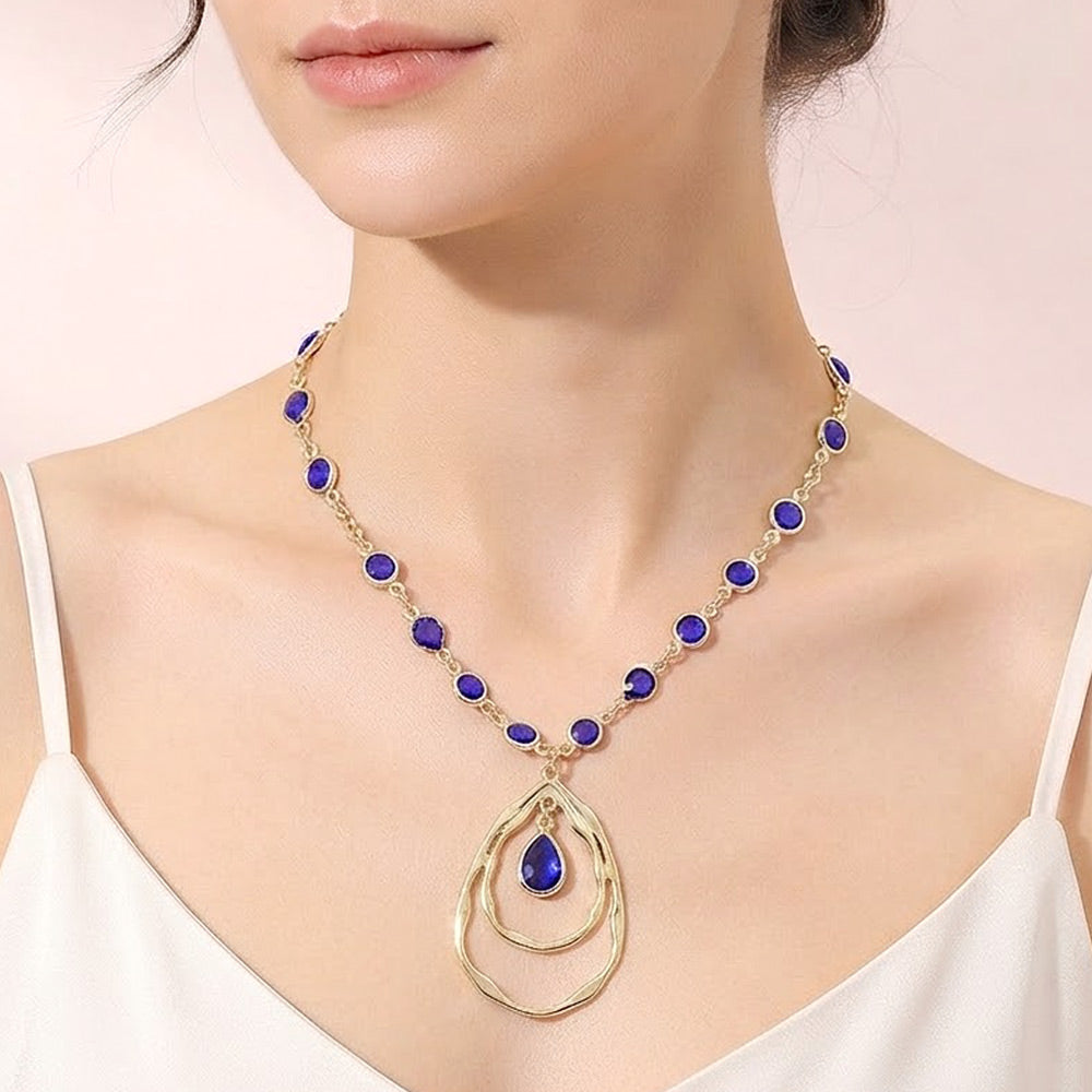 Madeline Love Gold, Montana Blue Teardrop Layered Double Hoop Pendant Faceted Round Stone Bezel Link Chain Necklace