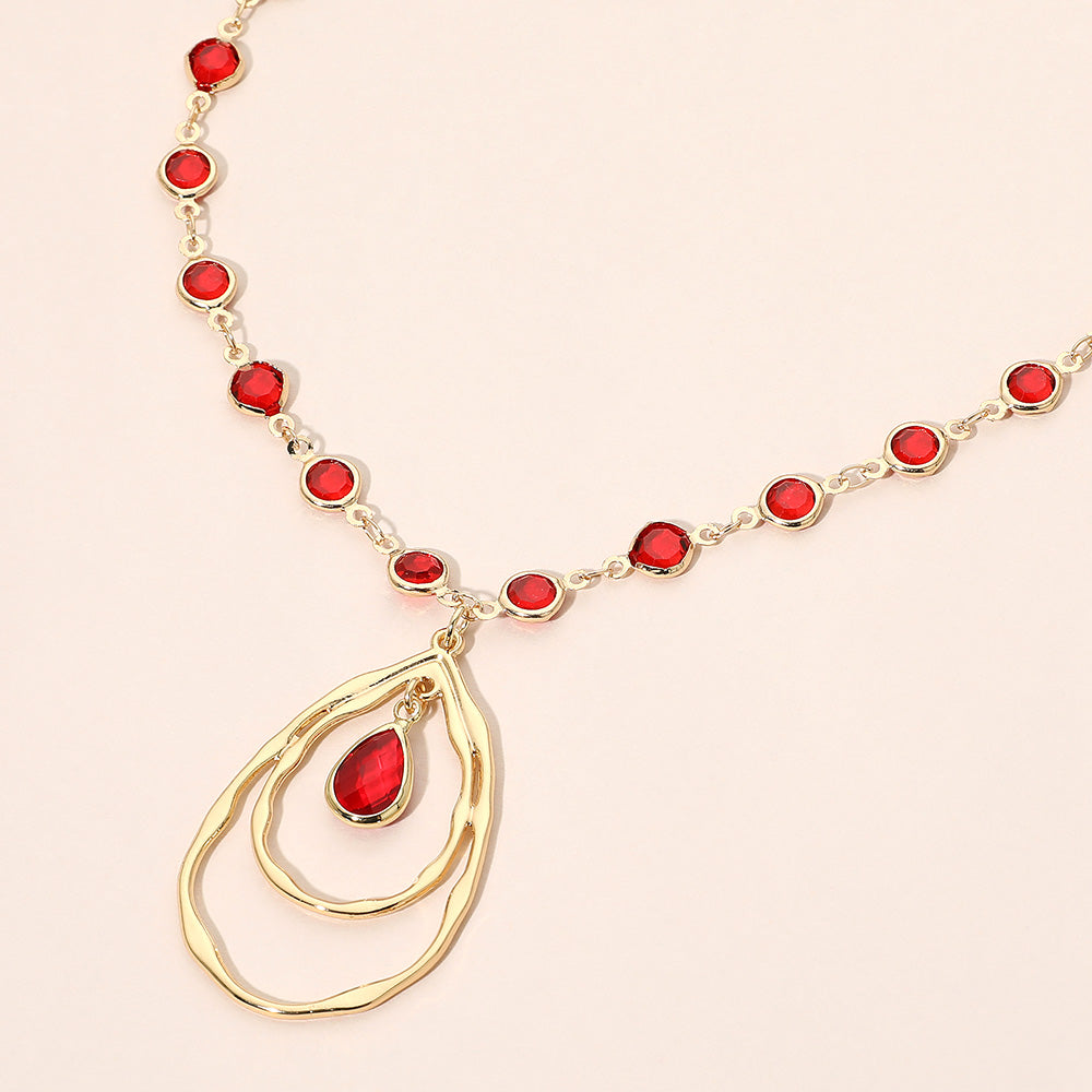 Madeline Love Gold, Siam Teardrop Layered Double Hoop Pendant Faceted Round Stone Bezel Link Chain Necklace